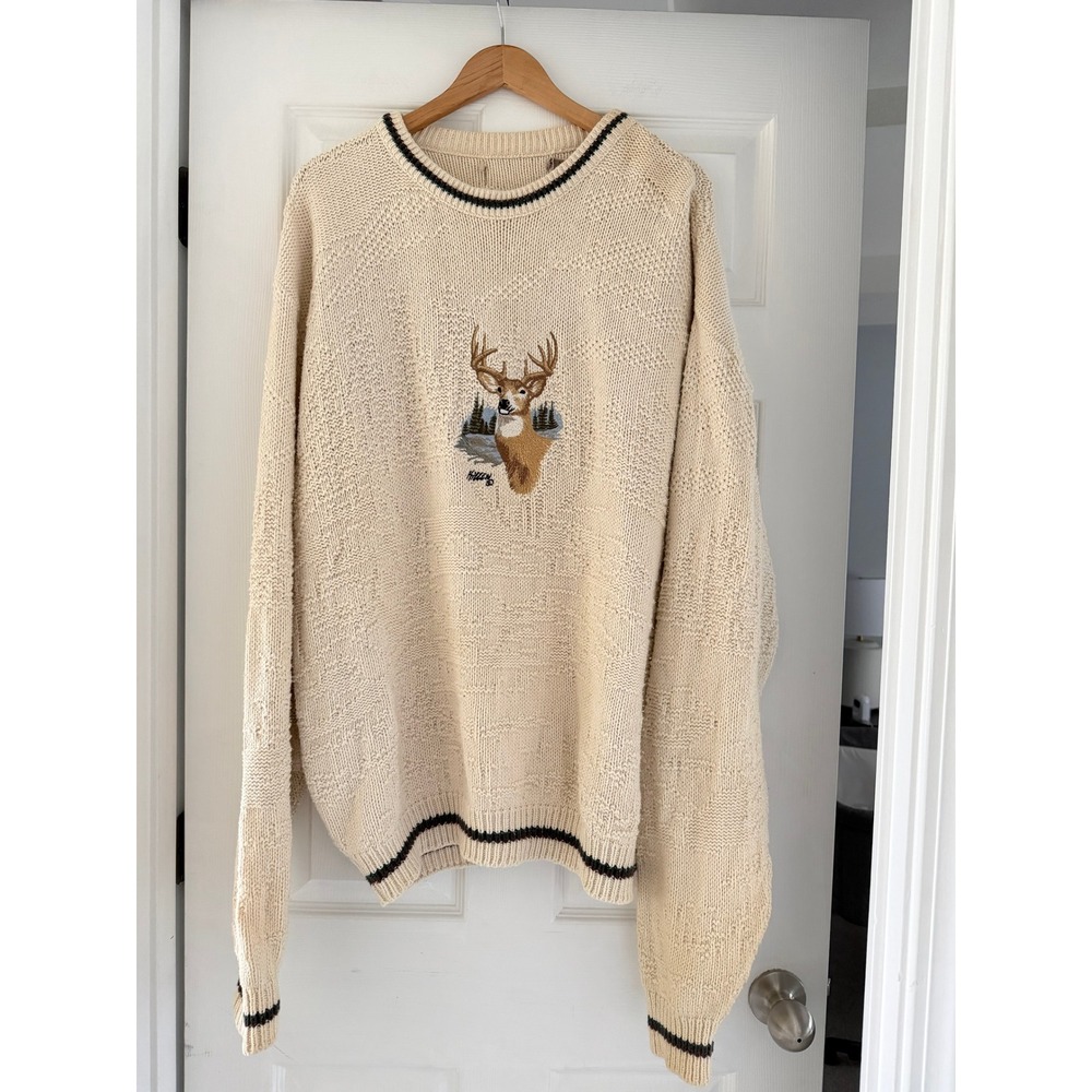 Vintage 90s Mens Knit‎ Chunky Deer Sweater Cabincore Cottage
